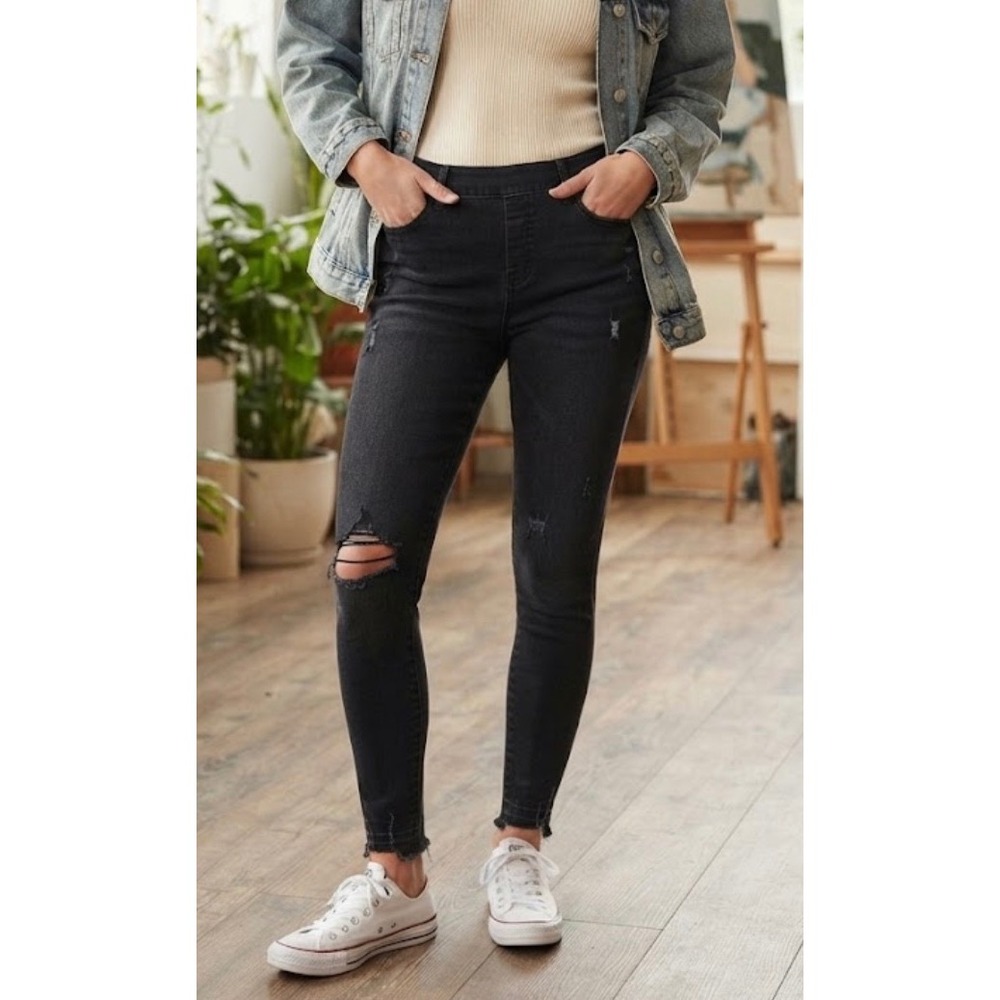 Spanx Ankle Skinny Jean-ish Leggings Black Distressed Frayed Hem Large 1350